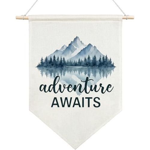 AGMDESIGN Adventure Awaits Canvas Hanging Pennant Flag Banner, Adventure Nursery Decor, Home Office School Classroom Kids Room Playroom Nursery Bedroom Camper Flag Decor, Boy Room Wall Decor