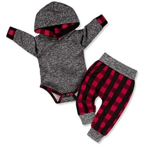 Fommy Newborn Baby Boy Clothes Plaid Letter Print Long Sleeve Hoodies + Long Pants 2PCS Fall Winter Outfits Set