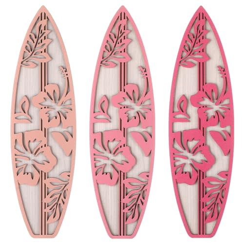 RattanView 3 Pieces Hibiscus Surfboard Decor for Bedroom Wooden Beach Wall Decor Summer Wood Surfboard Wall Hanging Sign for Tropical Living Room Decoration(Pink)