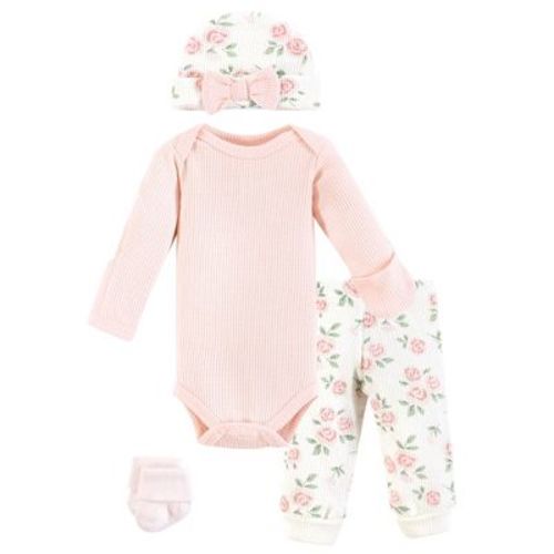 Hudson Baby Girls Thermal Preemie Layette Set 4pc Long Sleeve Outfit, Soft Pink Sage Rose, Preemie