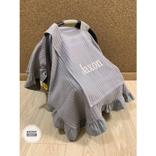 Car Seat Canopy Cover Baby Girl and Boy Dark Gray Pique with Peekaboo Mesh Window, Personalized Car Seat Cover (100% Cotton, Protector)
