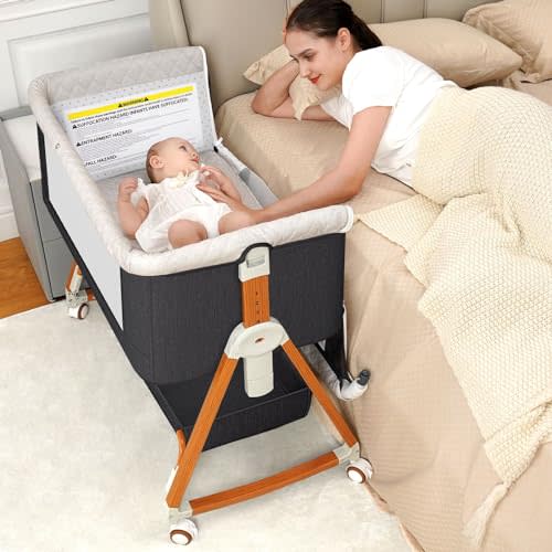 Baby Bassinet, Bedside Bassinet for Baby, 3 in 1 Bassinet Bedside Sleeper with Wheels, Mosquito Net, 6 Height Adjustable Easy Folding Portable Baby Bed for Infant Newborn (Dark Grey)