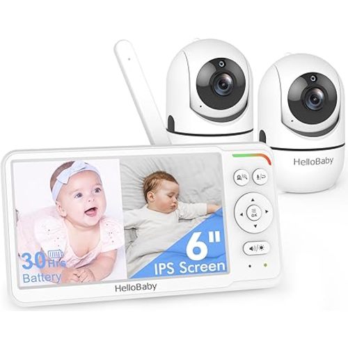 HelloBaby World's First 6" IPS Split Screen Baby Monitor with 2 Cameras - No WiFi, 30hr Battery, 355° Pan-Tilt, Night Vision, 1000ft, Portable Travel Video Audio Monitor with Temp Alert/Lullabies/VOX