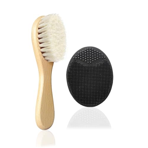 Baby Hair Brush, Mocokkiti Goat Bristles Brush and Baby Cradle Cap Brush Set for Cradle Cap Wood Bristle Brush for Newborns and Toddlers 2PCS