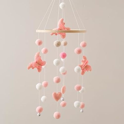 Baby Crib Mobile, Pink Butterfly Flower Mobile for Boys and Girls, Baby Mobile for Bassinet, Baby Bedroom Hanging Nursery Decor Gift Set