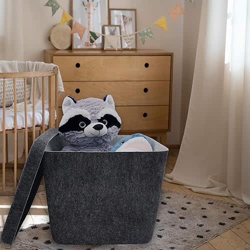 Welaxy large stackable felt bin Functional basket container for Toys Pet Books Clothes throw blanket hide storage solution multi-use as footrest foot stool coffee table (Charcoal)