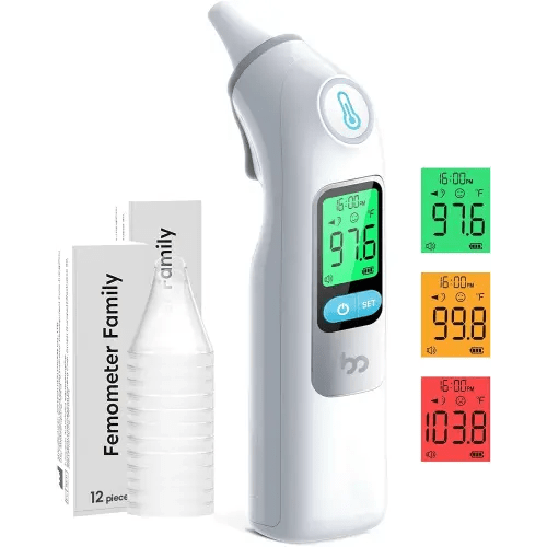 Femometer Family Ear Thermometer, Highly Accurate Ear Thermometer for Kids, Adults and Babies, 30 Memory Recall, 1s Result and 3-Color Fever Alert, with 24 Disposable Probe Covers, Home & Office Use