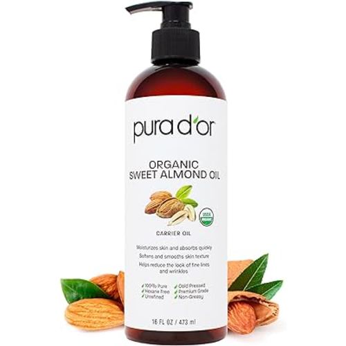 PURA D'OR 16 Oz ORGANIC Sweet Almond Oil - 100% Pure & Natural USDA Certified Cold Pressed Carrier Oil For DIY Beauty - Non-Greasy, Unscented, Hexane Free Moisturizer & Massage Oil - For Hair & Skin