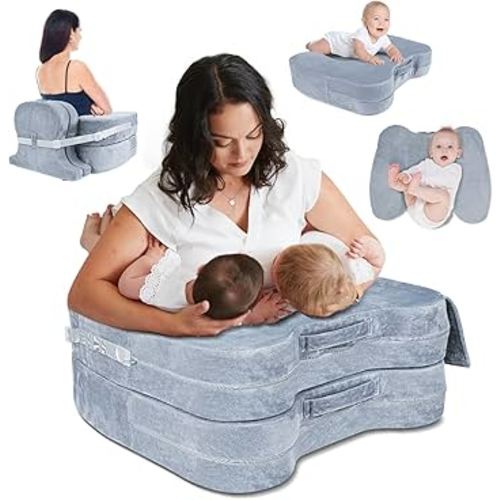 Nursing & Lounge Pillow for Twins, Breastfeeding Pillow Plus Size for Baby with Back Support and Adjustable Height, Multifunctional Baby Breast Feeding Pillow for Twin 0-12 Months - Grey