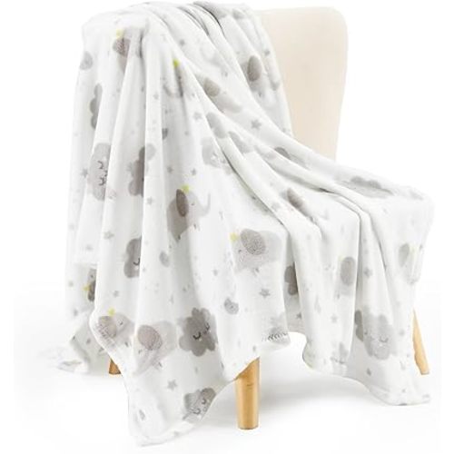 TILLYOU Toddler Flannel Blanket - Warm Cozy Baby Blanket for Boys and Girls, Smooth Cute Lightweight Blanket for Bedding Crib Stroller, 40×50 inches, Grey Cloud & Elephant