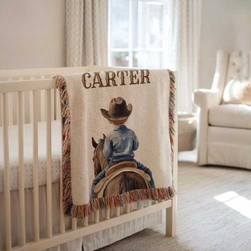 Personalized Cowboy Baby Blanket, Custom Western Nursery Throw with Name, Rustic Horseback Crib Quilt Country Baby Boy or Girl Keepsake Gift