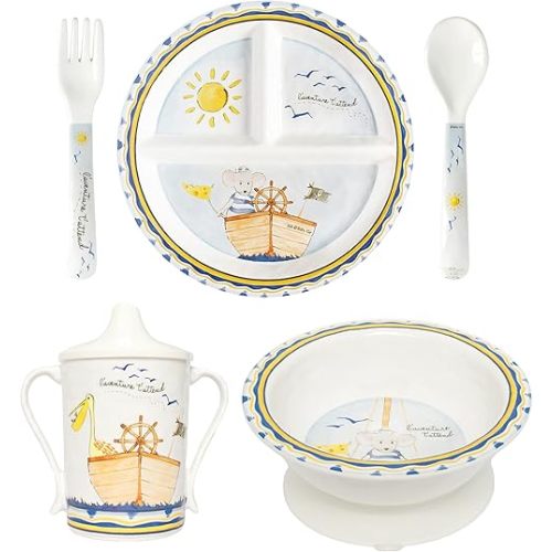 Baby Cie Kids and Baby Melamine Place Setting Sippy Cup, Suctions Bowl, Section Plate and Fork Spoon Set (ADVENTURE AWAITS)