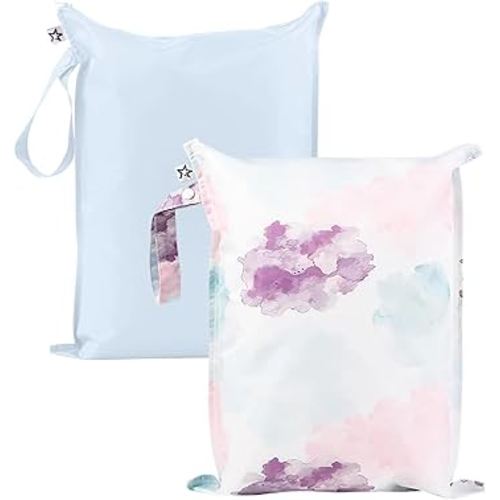 Tiny Twinkle Mess-Proof Waterproof Wet Dry Bag | 2-Pack Reusable Wet Bags for Swimsuits & Baby Clothes | Leakproof Wet Bag for Travel & Diaper Changes for Baby (Cotton Candy)