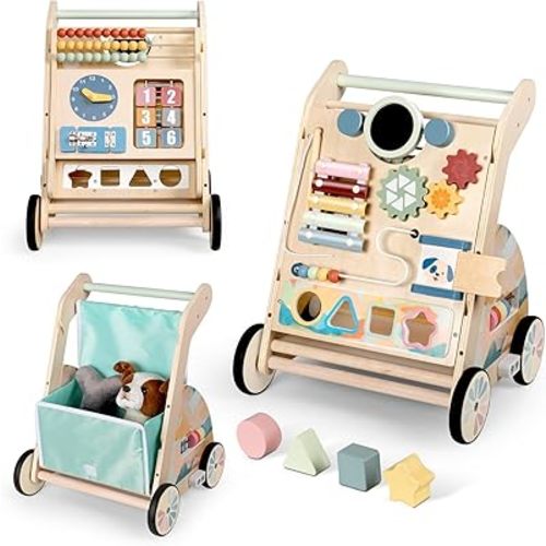 Wooden Baby Walker, Detachable Double-Sided Busy Board, Baby Walking Toys Push Walkers for Babies 6-12 Months