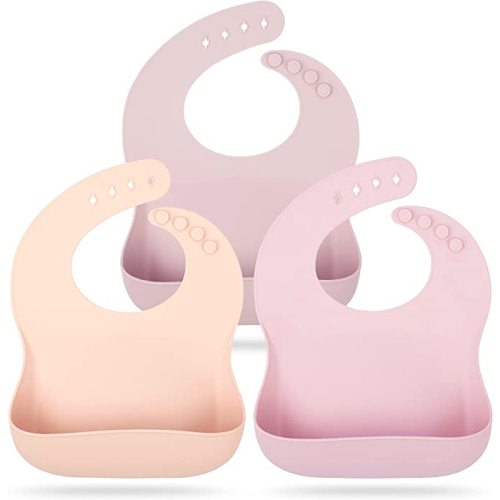 Mia Li Silicone Bibs – 3pcs Waterproof Silicone Bib Set – Silicone Baby Bibs with Adjustable Closure – Non-Messy Toddler Bib - Solid - Blush, Lilac & Mauve