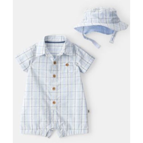 Baby Boys' Plaid Short-Sleeve Romper and Hat, 2-Piece Set