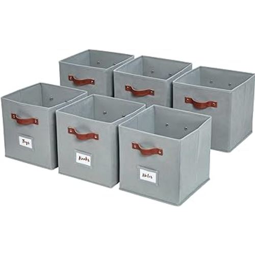 DECOMOMO Storage Bins | Cube Storage Bin with Label Holders, Fabric Storage Cubes for Organizing Shelves Closet Toy Clothes (10.5" x 11" / 6pcs, Grey)