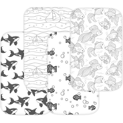 TansyPanda 33 x 20 Bassinet Sheets Compatible with Papablic, Maxi-COSI Iora, Baby Joy, and Many Other Bassinet Bedside Sleepers, 4PC, Ultra Soft, Breathable Snug Fit, Unisex Boys Girls (Ocean Fish)
