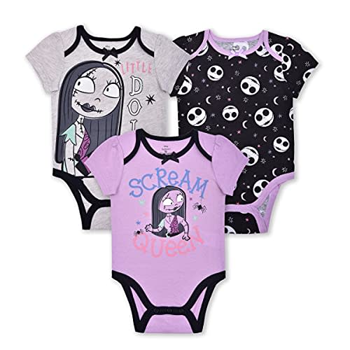 Disney Nightmare Before Christmas Sally and Jack Girls’ 3 Pack Bodysuit for Newborn and Infant – Purple/Grey/Black