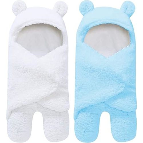 2 Pack Ultra Warm Sherpa Plush Baby Sleeping Swaddle Wrap - Newborn Essentials Must Haves for 0-6 Months - Baby Shower Registry Search Gifts for Boys Girls - Baby Stuff (Aquamarine and White)