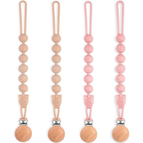 Silicone Pacifier Clip Holder with One Piece Design, Soft Flexible Binky Clips with Texture for Baby Boy and Girl,4 Packs (Pink & Brown)