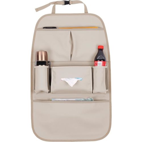 Car Backseat Organizer for Kids, Car Back Seat Storage Bag With 3 Pockets, 2 Drinks Holders, Water Resistant, Kids Toy Storage Kick Mat Back Seat Protector for Toddlers (Beige 1-Pack)