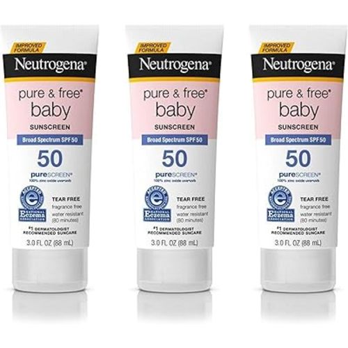 Neutrogena Pure & Free Baby Mineral Sunscreen Lotion with Broad Spectrum SPF 50 & Zinc Oxide, Water-Resistant, Hypoallergenic & Tear-Free Baby Sunscreen, Paraben-Free, Dye-Free, 3 fl. oz, 3 Pack