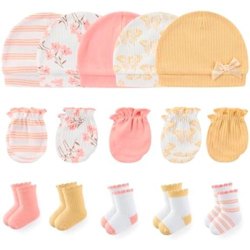 Newborn Baby Boy Girl Caps Mittens Socks Set Cotton Baby Essentials Accessories (Hats+Gloves+Socks)