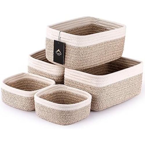 5-Pack Small Woven Rope Storage Baskets – 2 Sizes Organizer Bins for Closet, Shelf, Bookshelf, Nursery, Changing Table, Fabric Cube Boxes, Rectangular Shallow Bins for Bathroom, Toy & Home