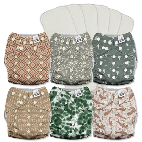 Mama Koala 3.0 Pocket Cloth Diapers for Babies with AWJ Lining, 6 Pack with 6 5-Layer Natural Cloth Diaper Inserts - Reusable and Washable Pocket Diapers(A-Calm Spring)