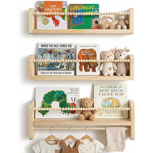 Mazjoaru Nursery Book Shelves for Wall Set of 3, Natural Wood Bookshelves Wall Decor, Small Floating Shelf Organizer for Kids Room, Bedroom, Kitchen Spice Rack