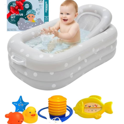 Inflatable Baby Bathtub Complete Set – Portable Non-Slip Baby Bath Tub with Newborn Cushion, Floating Thermometer, 3 Bath Toys & Air Pump, Safe Bath for Boys & Girls Age 0–3 Years