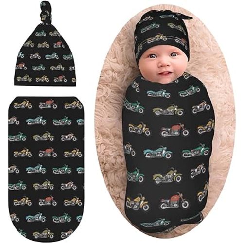 Cartoon Motorcycle Newborn Swaddle Blanket Baby Stuff Baby Swaddling Blanket with Beanie Set Soft Sleeping Sack for Unisex Girls Boys