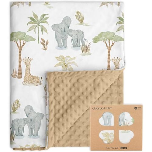 Baby Blankets for Boys Girls, Super Soft Nursery Minky Blanket Neutral with Print Brown Savanna Elephant and Cozy Raised Dotted Fleece Backing, 30 x 40 Inch Double Layer Bed Throws