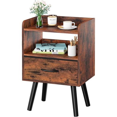 Yoobure Night Stand with Fabric Drawer, Modern Nightstand, Bedside Tables, Mid Century Nightstands with Open Storage Shelf, Wood Bedside Table, Small Night Stands for Bedrooms, 2-Tier Night Table