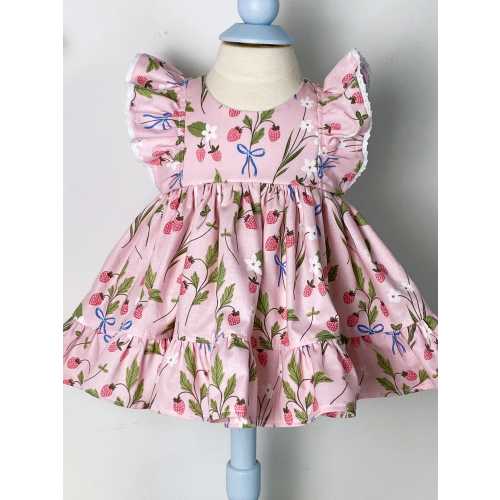 Baby Girl Dress Set in Pink with Strawberry Bow Print- Berry Sweet