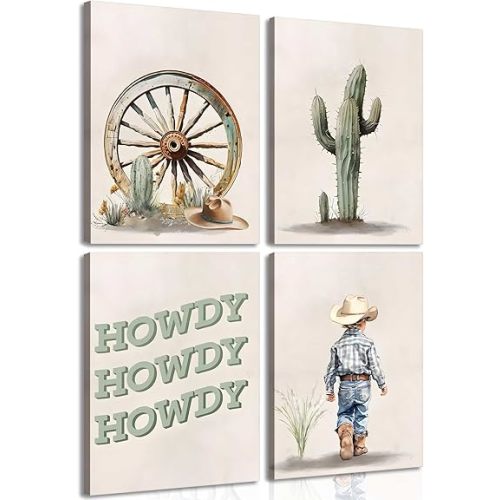 4Pcs Western Cowboy Nursery Canvas Wall Art Cactus Desert Posters Pictures Howdy Beige Paintings Cowboy Kid Prints for Baby Boy Room Decor and Children Wall Decor Framed
