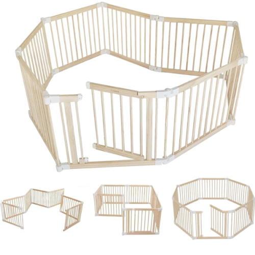 Foldable Wooden Baby Playpen Large Play Yard for Babies and Toddlers, 2 in 1 Portable Fence Custom 25" Tall Wood Gate with Adjustable Size & Shape for Infants 3-12 Months -63x63x25 inch