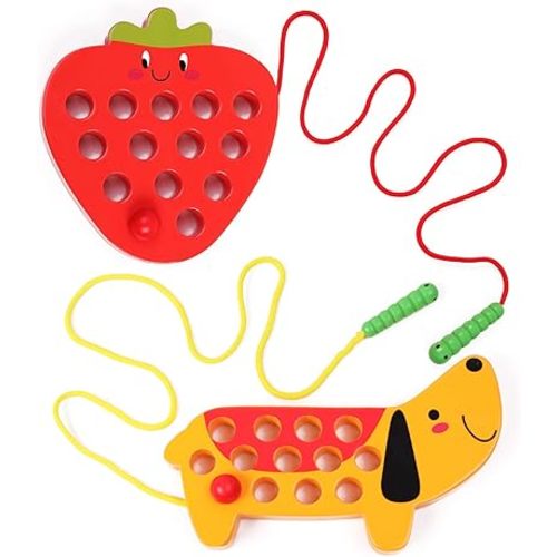 Wooden Lacing Threading Toys Fine Motor Skill Toys for 3 Year Old Educational and Learning Montessori Toddler Travel Toy 1 Strawberry and 1 Dog