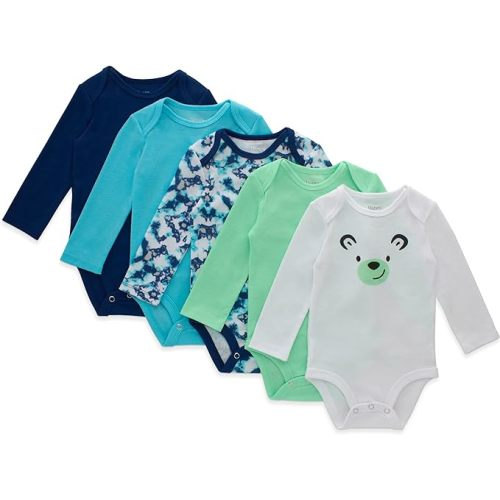 Hanes Baby and Toddler Ultimate Flexy Long Sleeve Bodysuit (5 Pack), Dark Blue/Green, 6-12 Months