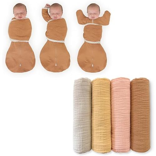 SwaddleDesigns 0-3 Mo Baby Swaddle Set, Tuscan Sun, Cotton Muslin Swaddle Blankets 4pk and Butterum, 6-Way Omni Swaddle Sack for Newborn, More Options to Calm Startle Reflex, Improves Sleep