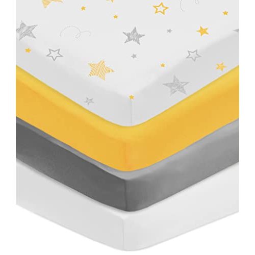 American Baby Company 4 Pack Fitted Crib Sheets 28" x 52", Soft Breathable Neutral 100% Cotton Jersey Sheet, Yellow/Yellow Stars/Gray/White, for Boys and Girls, Fits Crib and Toddler Bed mattresses