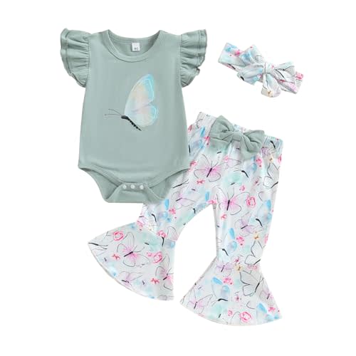 Bonangber Newborn Baby Girl Clothes Butterfly Print Fly Sleeve Romper Onesie Bell Bottoms 3Pcs Set Infant Summer Clothes