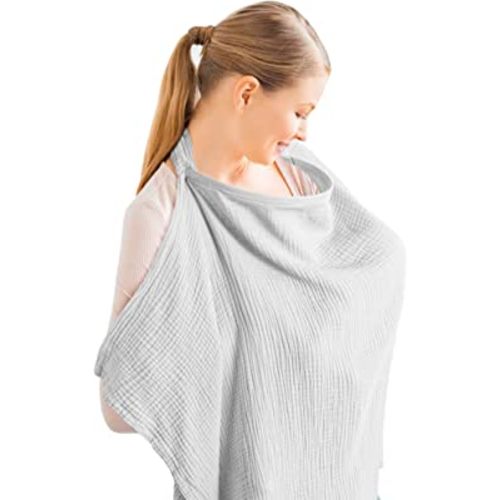 Konssy Muslin Nursing Cover for Baby Breastfeeding, Breathable 100% Cotton Breastfeeding Cover with Rigid Hoop for Mother Nursing Apron, Multi-use Carseat Canopy (Grey)