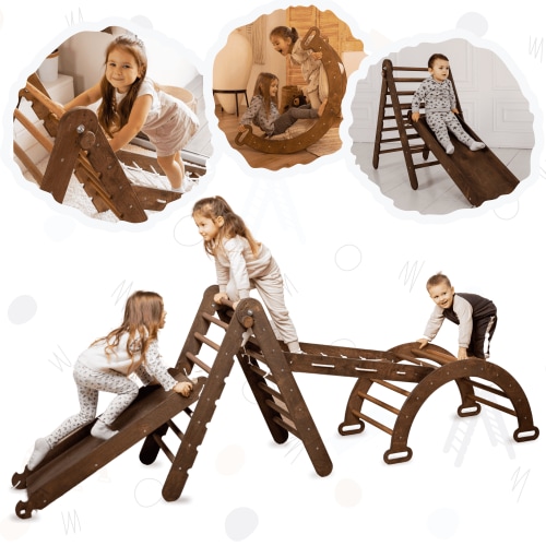 4-in-1 Indoor Montessori Playground: Triangle ladder + Climbing arch rocker + Sliding Board/Ramp + Net - Jungle Gym for Toddlers - Christmas Gift for Kids 1-7 y.o.
