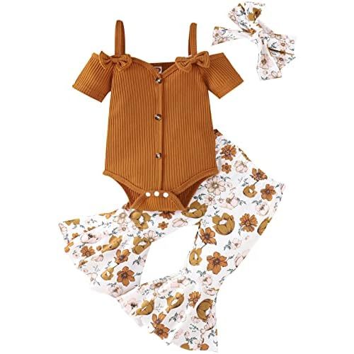 3pcs Toddler Girls Summer Outfits Ribbed Halter Crop Top Romper Bodysuit +Floral Flared Pants+Headband Clothes Set