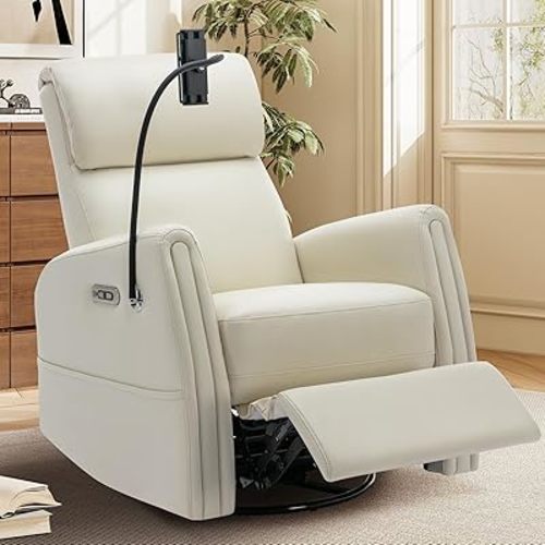 COLAMY Electric Power Swivel Recliner Chair, PU Leather Rocking Chair, 270° Swivel 145° Recliner Chair with Built-in Charging Ports for Living Room, Home, Beige