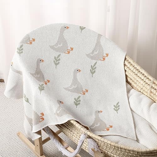 Silly Goose Baby Blanket Knit Cotton Soft & Lightweight Swaddle Blanket Receiving Boys Girls Nursery Goose Gift Supplies for Newborn Swaddle Infant Crib Stroller Receiving Baby Boys Girls, 39 x 30''