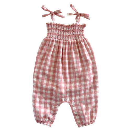 Pink Gingham / Organic Smocked Jumpsuit