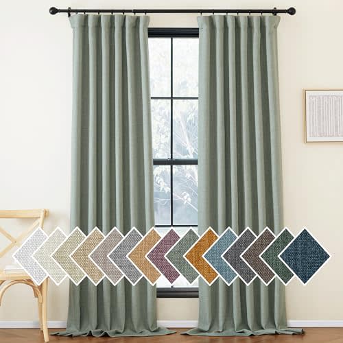 NICETOWN Thick Room Darkening Sage Green Curtains 84 inches Long for Bedroom, Pinch Pleated Light Blocking Thermal Insulated Faux Linen Window Drapes for Living Room, W50 x L84, 2 Panels